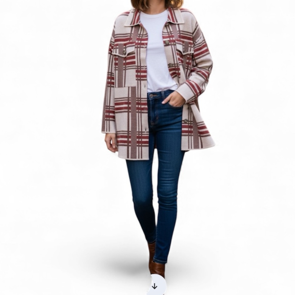 NWT Belle by Belldini Knit Plaid Shacket Jacket Cardigan Ecru Sienna
